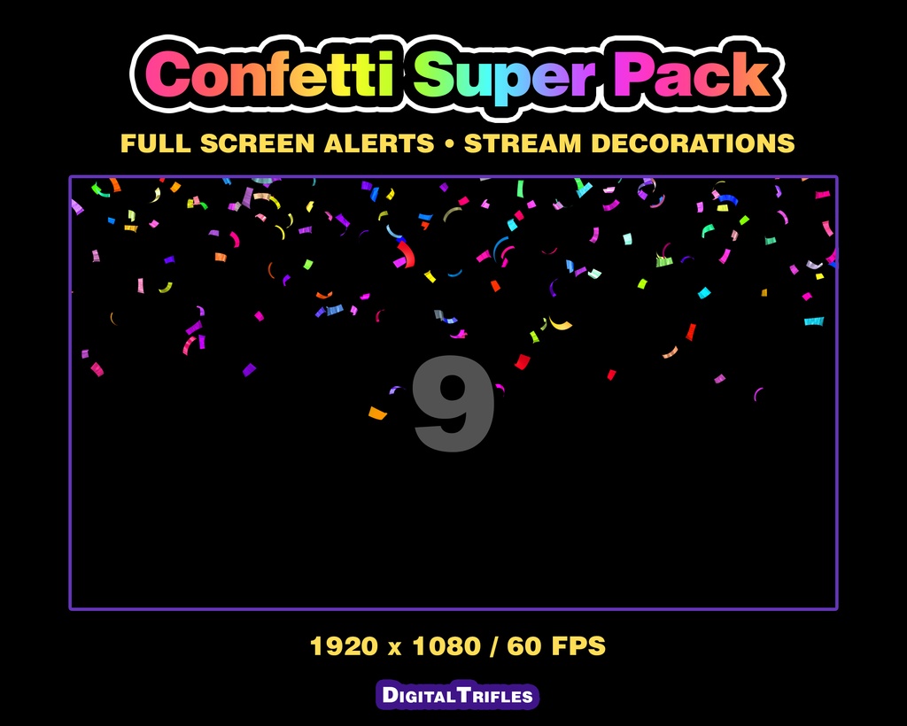 カラフルな紙吹雪のTwitch配信アラート、3Dアニメーションオーバーレイ(10種類パック・フルスクリーン) / Confetti Twitch Alerts, 3D Animated Stream Overlay, 10 Variations Pack, Fullscreen Multicolor Confetti