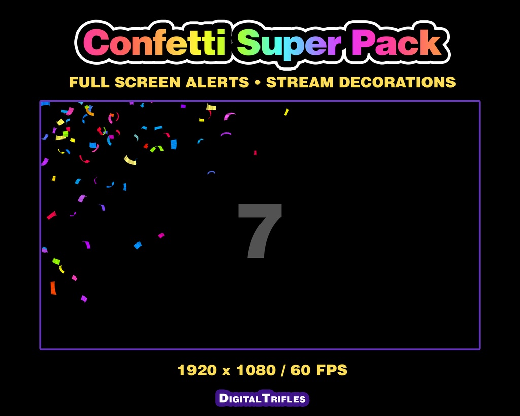 カラフルな紙吹雪のTwitch配信アラート、3Dアニメーションオーバーレイ(10種類パック・フルスクリーン) / Confetti Twitch Alerts, 3D Animated Stream Overlay, 10 Variations Pack, Fullscreen Multicolor Confetti