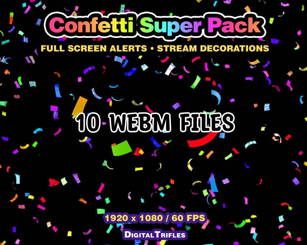 カラフルな紙吹雪のTwitch配信アラート、3Dアニメーションオーバーレイ(10種類パック・フルスクリーン) / Confetti Twitch Alerts, 3D Animated Stream Overlay, 10 Variations Pack, Fullscreen Multicolor Confetti
