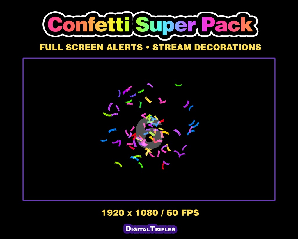 カラフルな紙吹雪のTwitch配信アラート、3Dアニメーションオーバーレイ(10種類パック・フルスクリーン) / Confetti Twitch Alerts, 3D Animated Stream Overlay, 10 Variations Pack, Fullscreen Multicolor Confetti