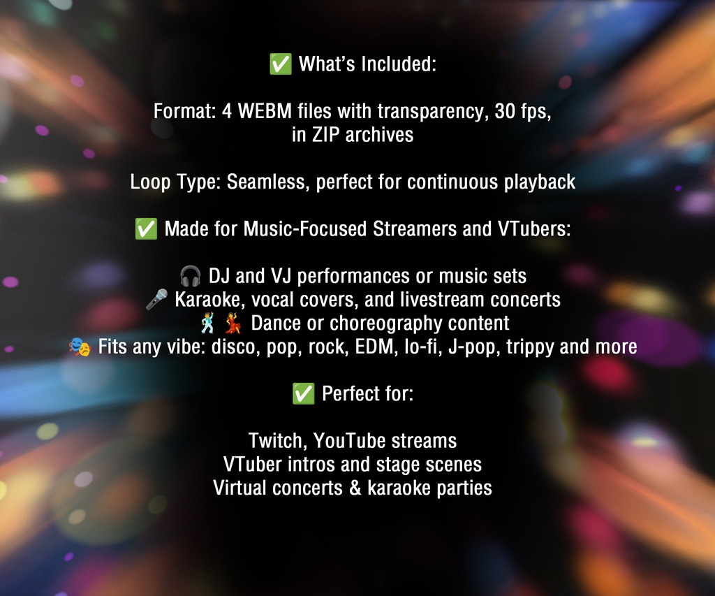 ステージライトのアニメーションオーバーレイ(VTuber・配信者・DJ・音楽配信向け、透過WEBMループ・OBS対応) / Animated Stage Light Overlays for Streamer and VTuber, DJ, Music Stream, Loop WEBM Transparency, Easy Setup in OBS