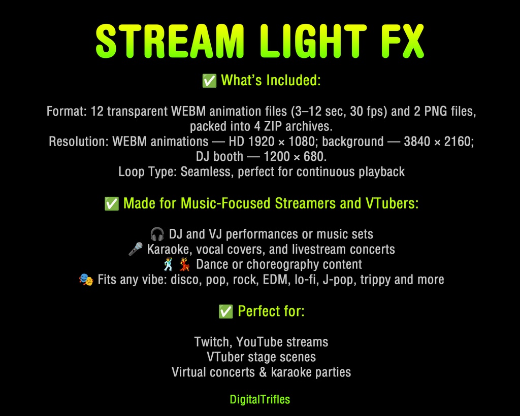 配信素材 ステージライト&レーザー演出オーバーレイ 12種 WEBM OBS対応 VTuber 音楽配信 DJ / Stream Overlay Pack 12 Stage Light & Laser FX, Twitch, DJ Party, Music, Concert, Karaoke, WEBM Loops