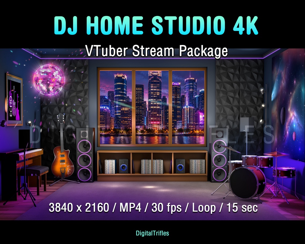 VTuber向け 配信素材 DJホームスタジオセット 4K背景 WEBMオーバーレイ OBS対応 YouTube・Twitch / DJ Home Studio Stream Package, Animated Music VTuber Background & Overlays for OBS, Twitch, YouTube, 4K