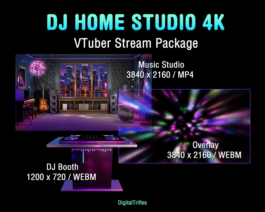 VTuber向け 配信素材 DJホームスタジオセット 4K背景 WEBMオーバーレイ OBS対応 YouTube・Twitch / DJ Home Studio Stream Package, Animated Music VTuber Background & Overlays for OBS, Twitch, YouTube, 4K