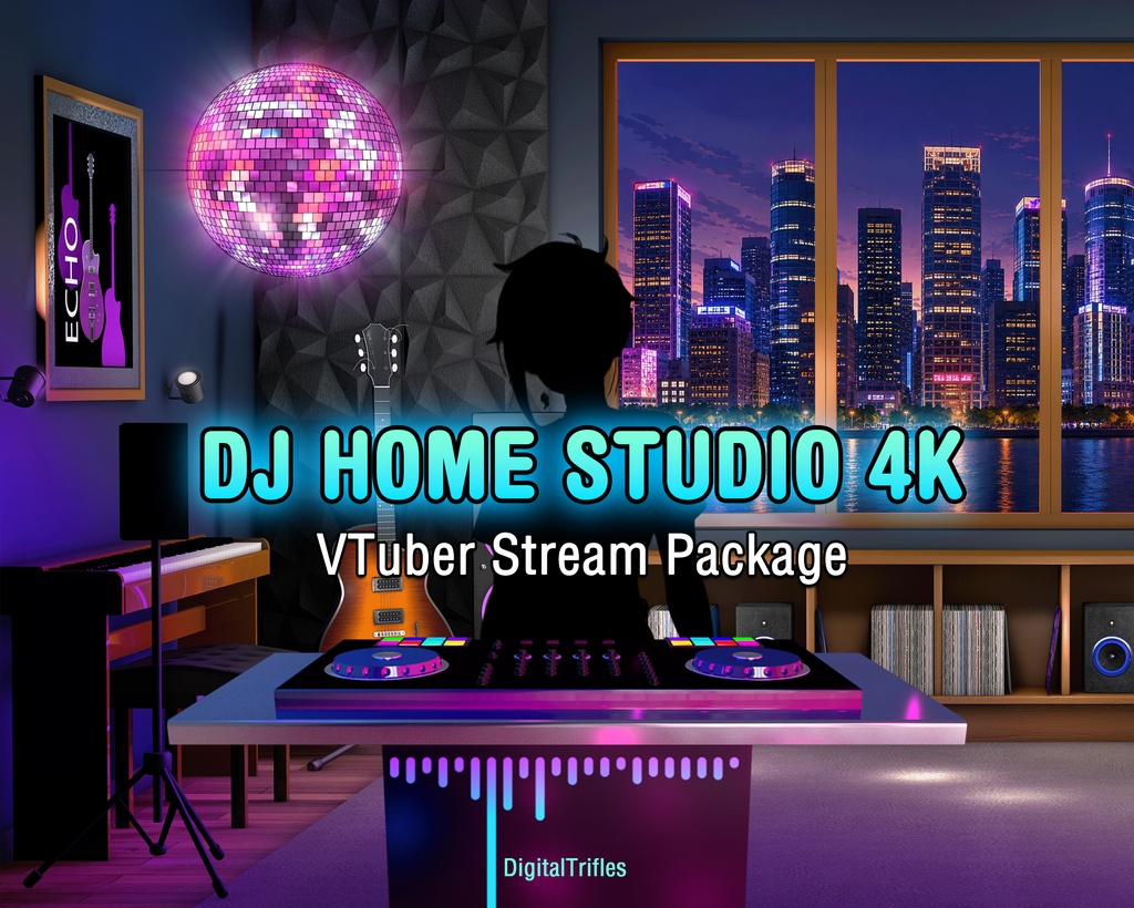VTuber向け 配信素材 DJホームスタジオセット 4K背景 WEBMオーバーレイ OBS対応 YouTube・Twitch / DJ Home Studio Stream Package, Animated Music VTuber Background & Overlays for OBS, Twitch, YouTube, 4K