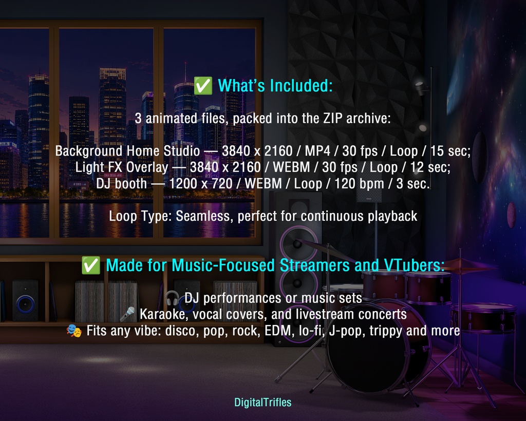 VTuber向け 配信素材 DJホームスタジオセット 4K背景 WEBMオーバーレイ OBS対応 YouTube・Twitch / DJ Home Studio Stream Package, Animated Music VTuber Background & Overlays for OBS, Twitch, YouTube, 4K