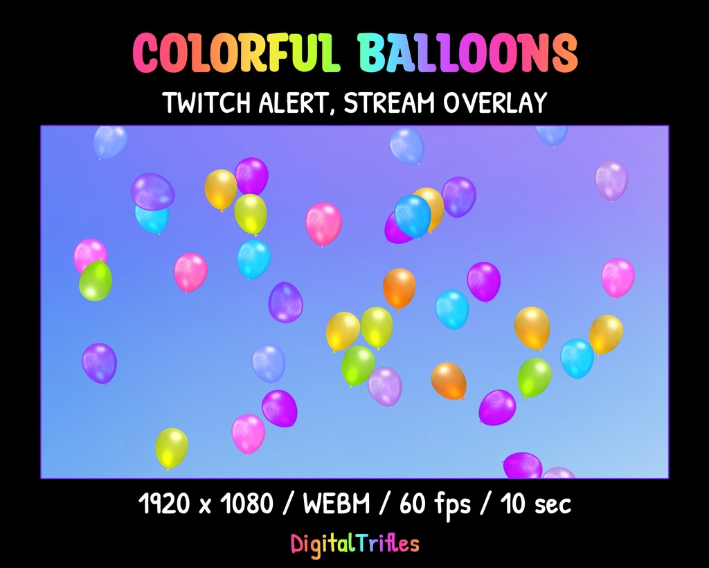 配信素材 カラフルバルーン アニメーションアラート フルスクリーンオーバーレイ VTuber向け OBS対応 Twitch・YouTube / Colorful Balloons Animated Stream Alert, Fullscreen Overlay for Streamers & VTubers, Twitch, YouTube, OBS