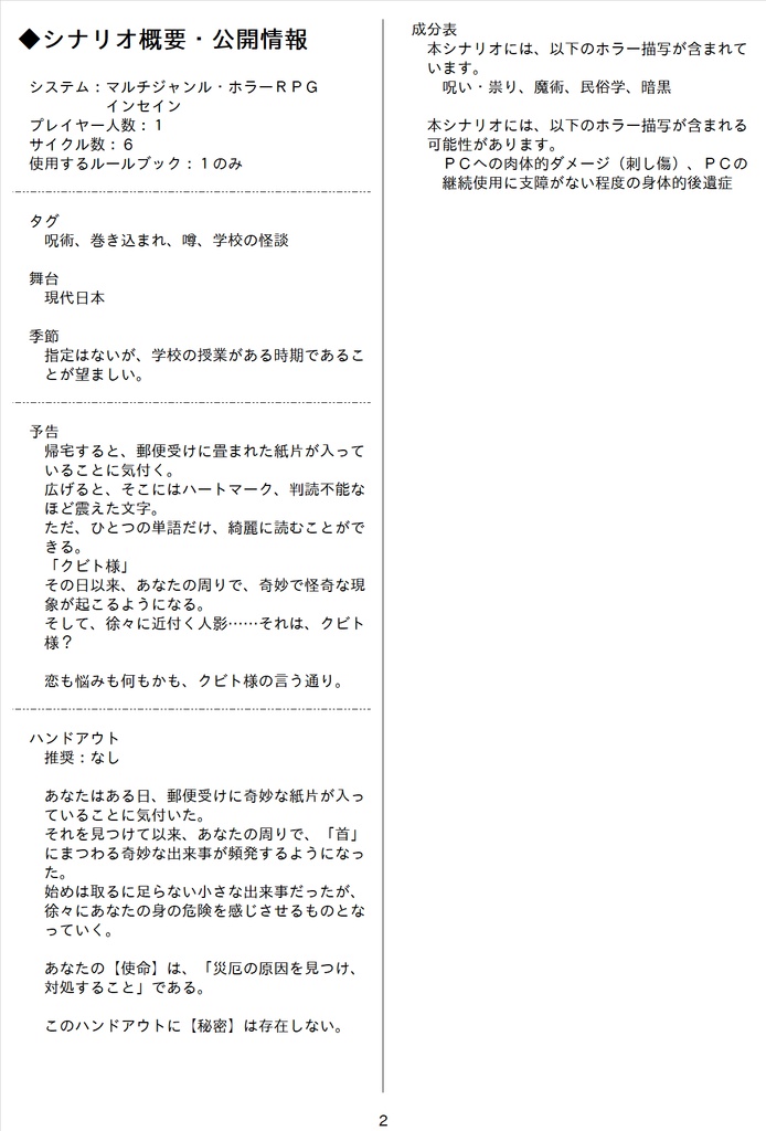 マルチジャンルホラーRPGインセインシナリオ「クビト様の言う通り」
