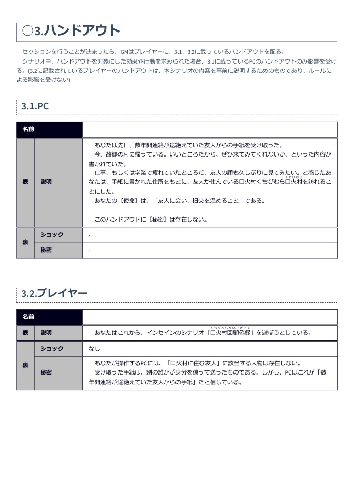 マルチジャンル・ホラーRPGインセインシナリオ「口火村回顧偽録」