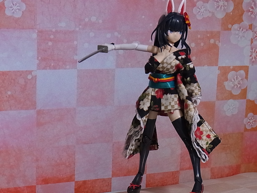 花魁風ミニ丈振り袖🌸変わり市松金彩桜🌸1/12サイズ ドール服 布服