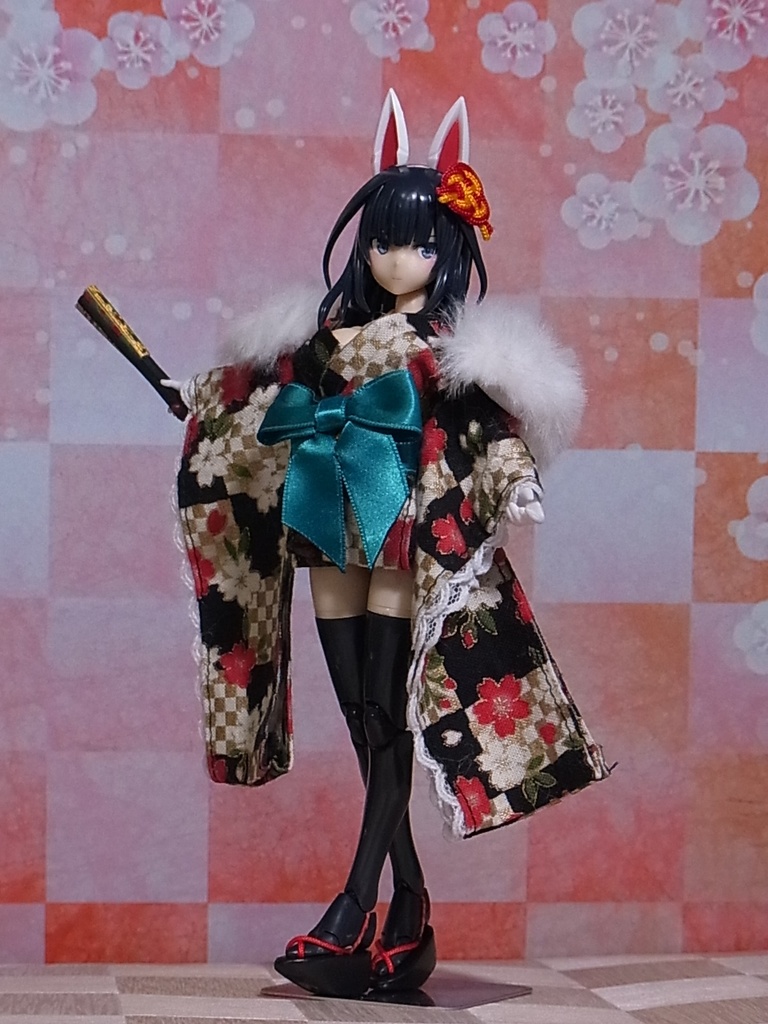 花魁風ミニ丈振り袖🌸変わり市松金彩桜🌸1/12サイズ ドール服 布服