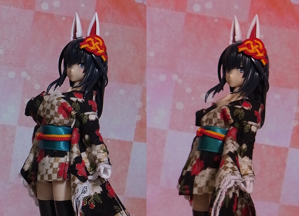 花魁風ミニ丈振り袖🌸変わり市松金彩桜🌸1/12サイズ ドール服 布服