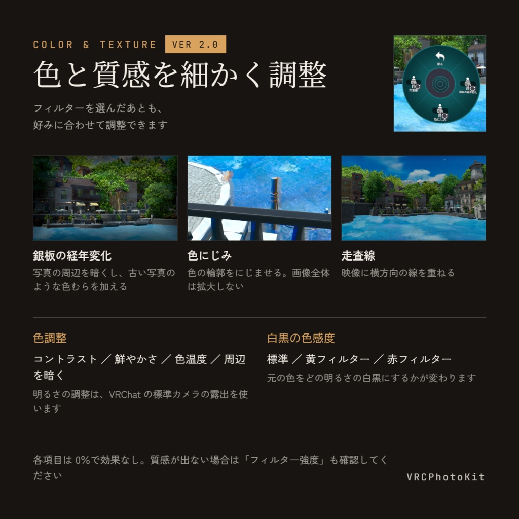 VRCPhotoKitV2.1【VRChat Camera Filter Gimmick / カメラ用フィルターギミック】【Desktop・PCVR両対応】