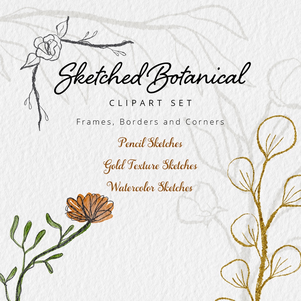 手描きスケッチしたボタニカル飾り罫 - Sketched Botanical Clipart Set