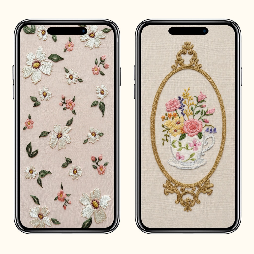 アンティークフラワー刺繍テクスチャ　スマホ壁紙