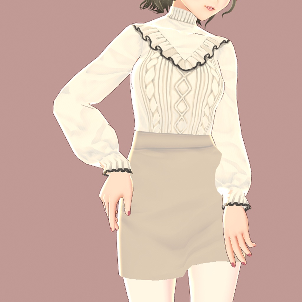 フリル配色ニットトップス+ミニタイトスカート【VRoid】