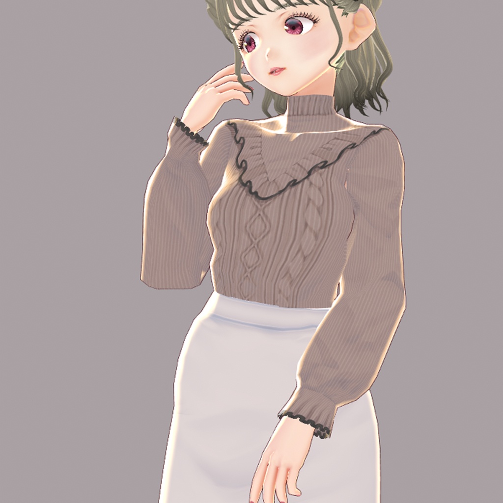 フリル配色ニットトップス+ミニタイトスカート【VRoid】