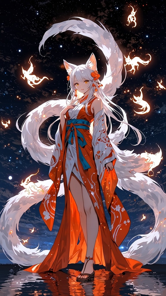 Ethereal Fox-Spirit: Guardian of the Midnight Flames