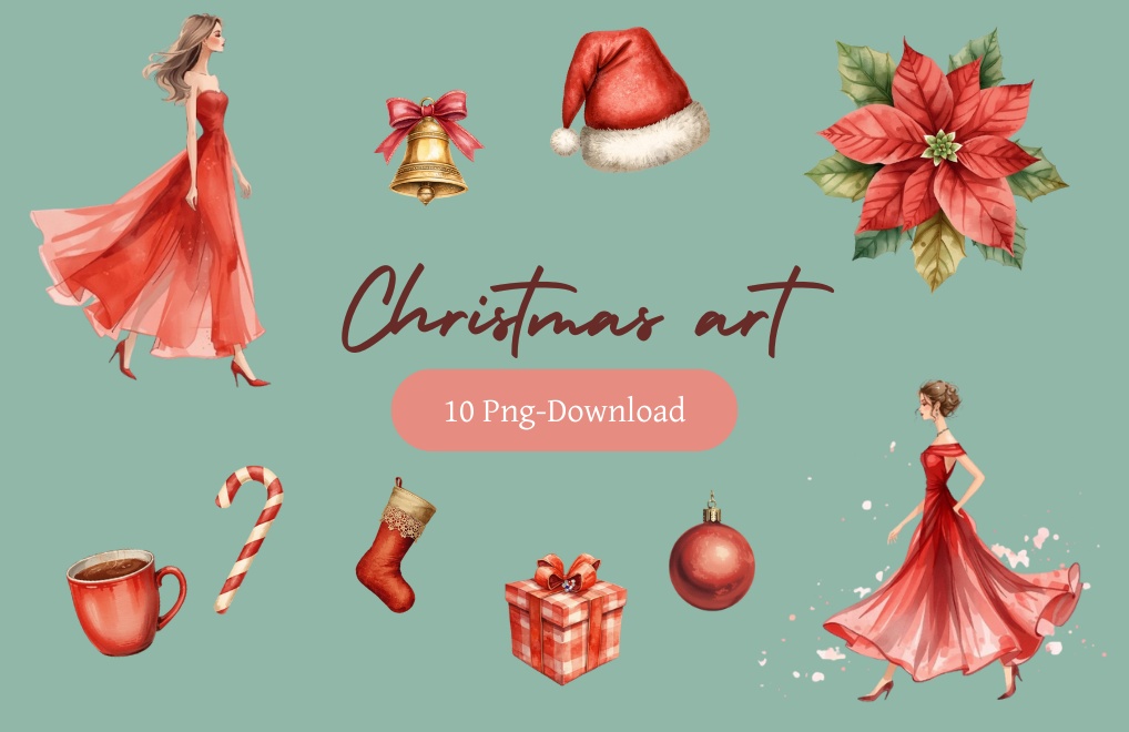 【クリスマス】水彩アンティーク風クリップアート10点セット PNG背景透過