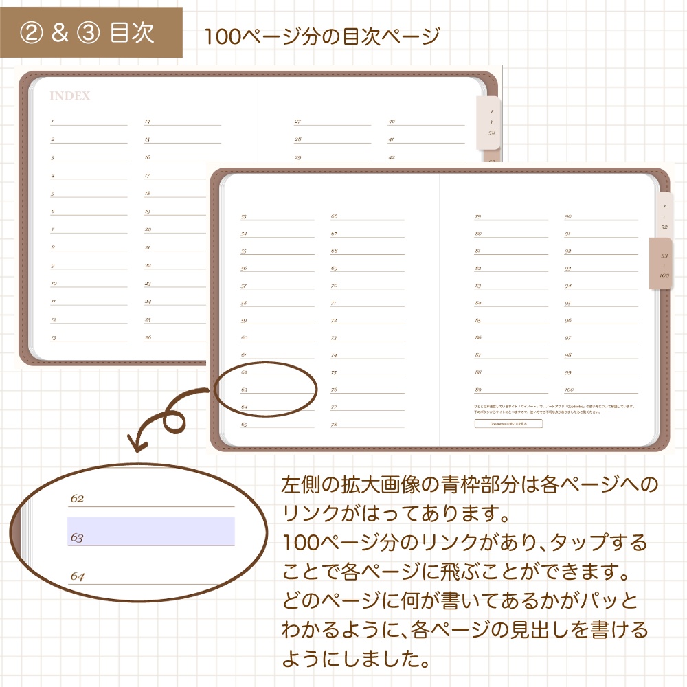 デジタルノート 100個の目次付き 茶色/横型 デジタルプランナー デジプラ
