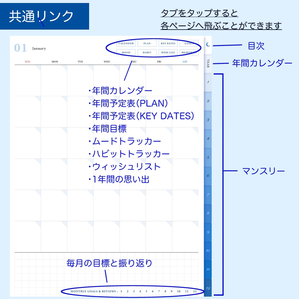 デジタルプランナー① マンスリー+デイリー 日付なし デイフリー 青空と猫