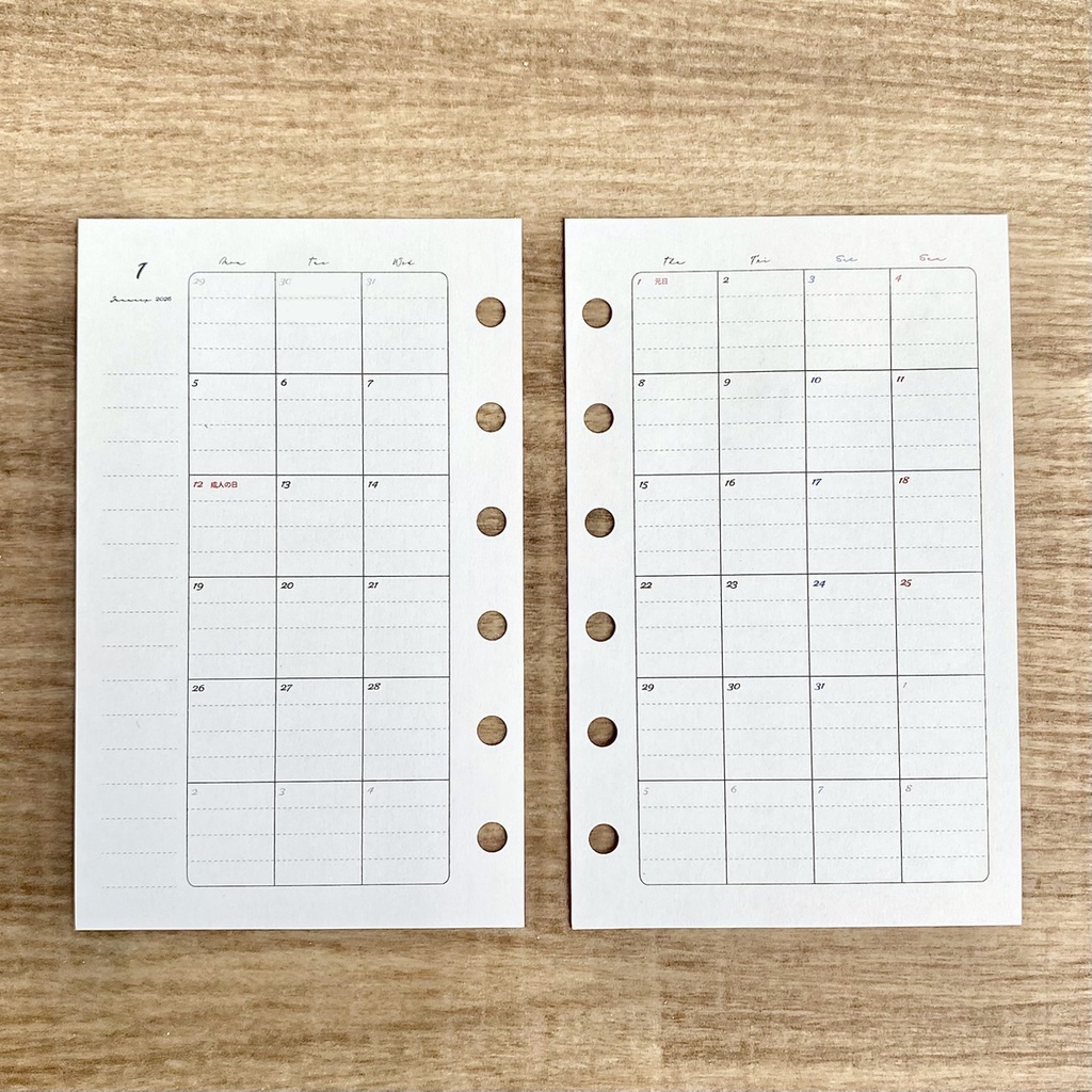 ミニ6 マンスリー 2026 罫線入り PDFデータ システム手帳リフィル