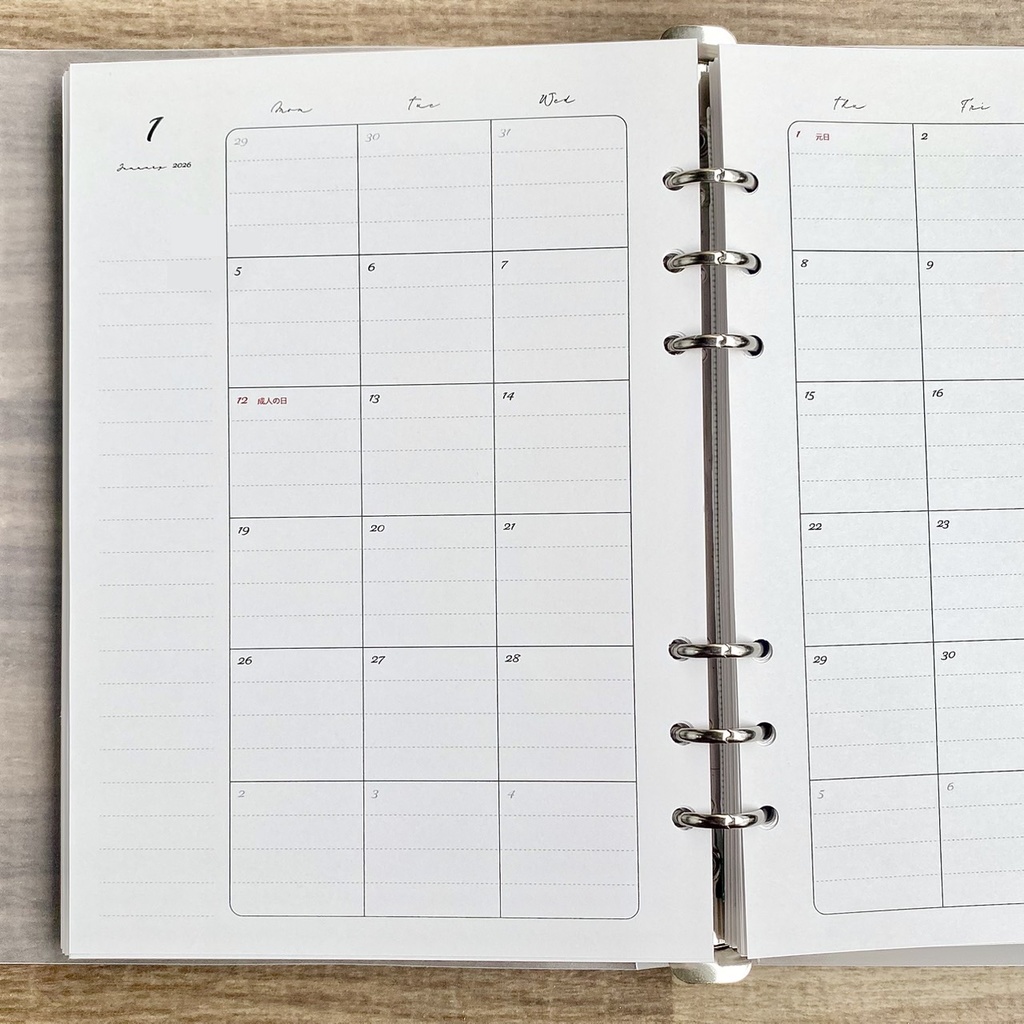 A5 マンスリー 2026 罫線入り PDFデータ システム手帳リフィル