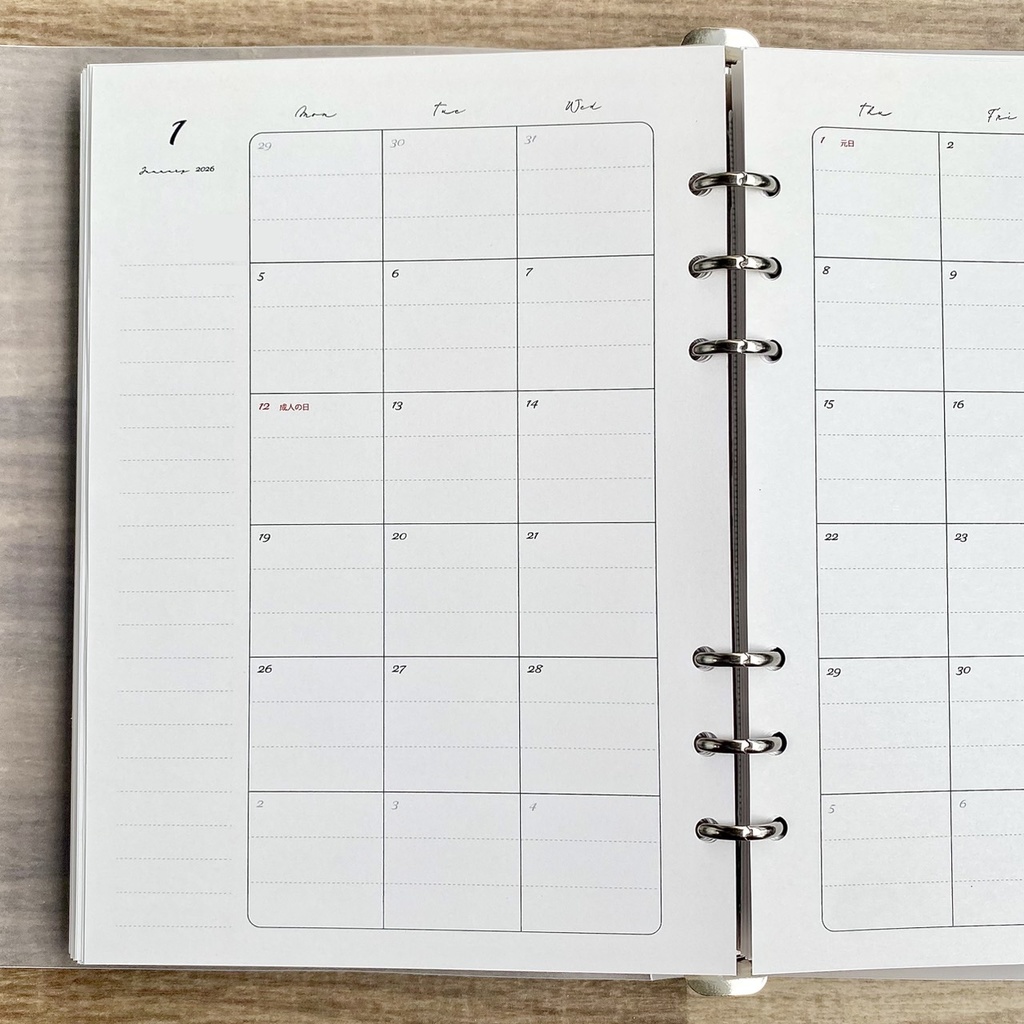 A5 マンスリー 2026 罫線入り PDFデータ システム手帳リフィル