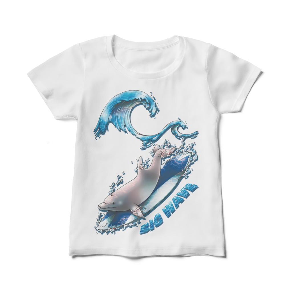 【レディースTシャツ：白】イルカ(青)／片面・両面