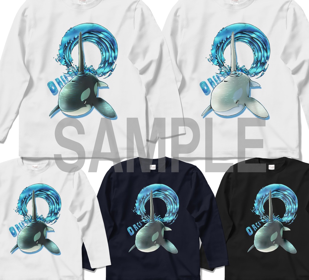 【長袖Tシャツ:白:紺:黒】シャチ(黒・白)