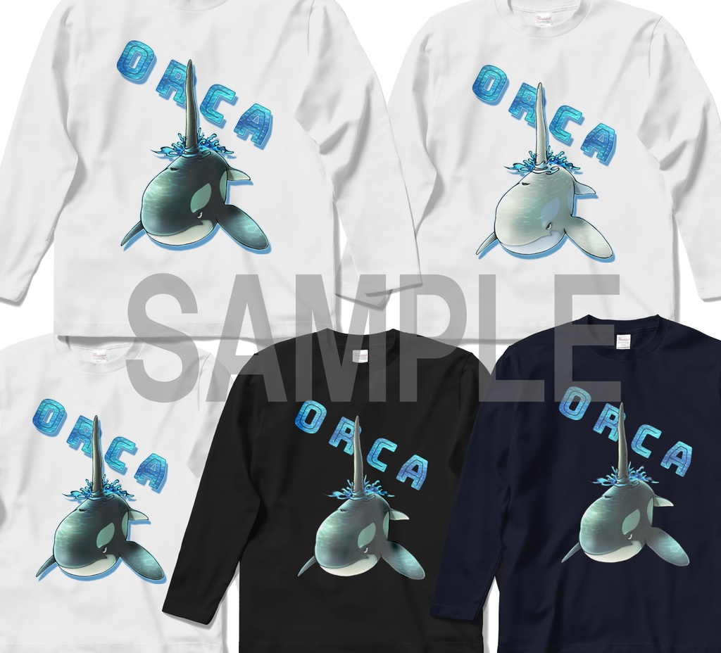 【長袖Tシャツ:白:紺:黒】シャチ(黒・白)
