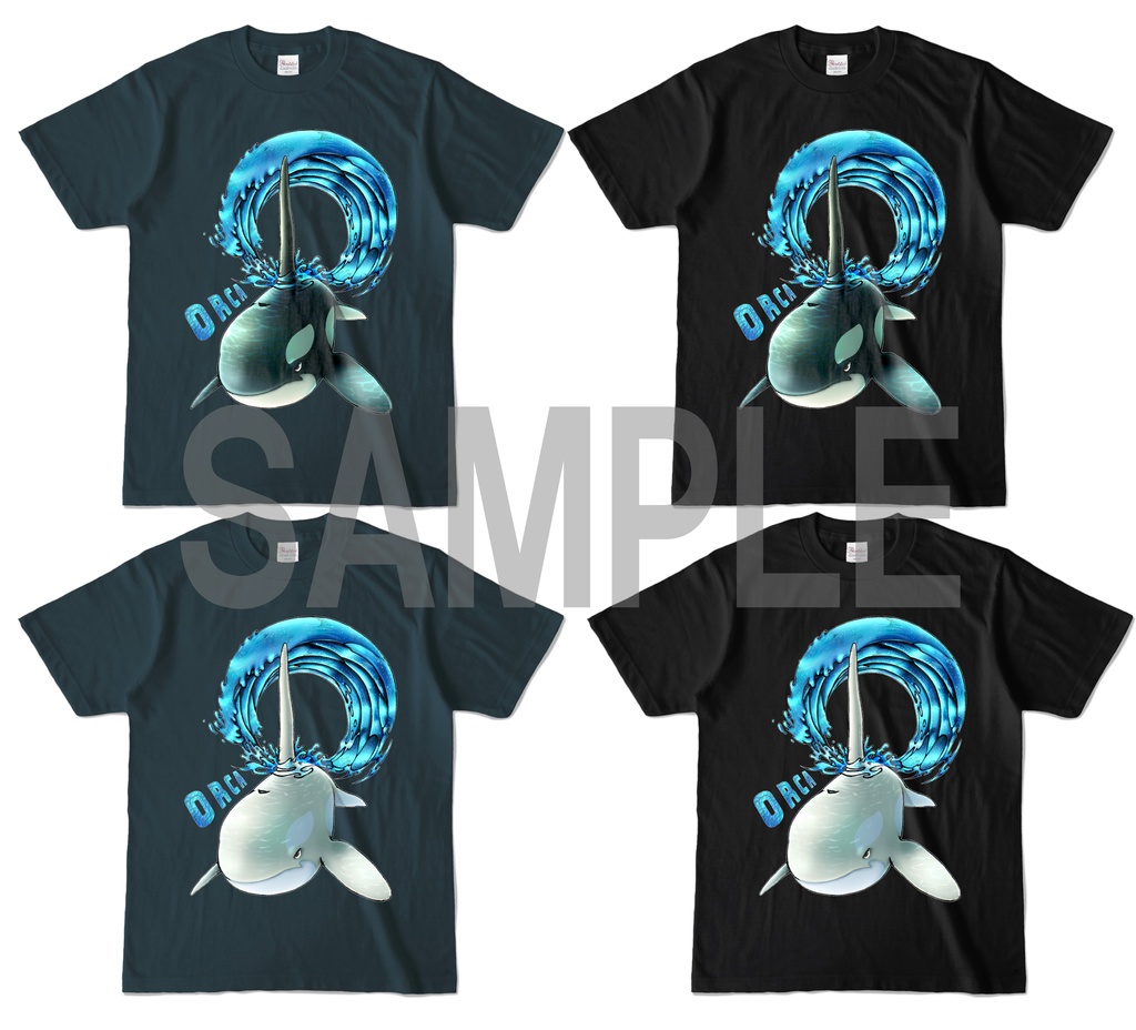 【カラーTシャツ:デニム:黒】シャチ(黒・白)