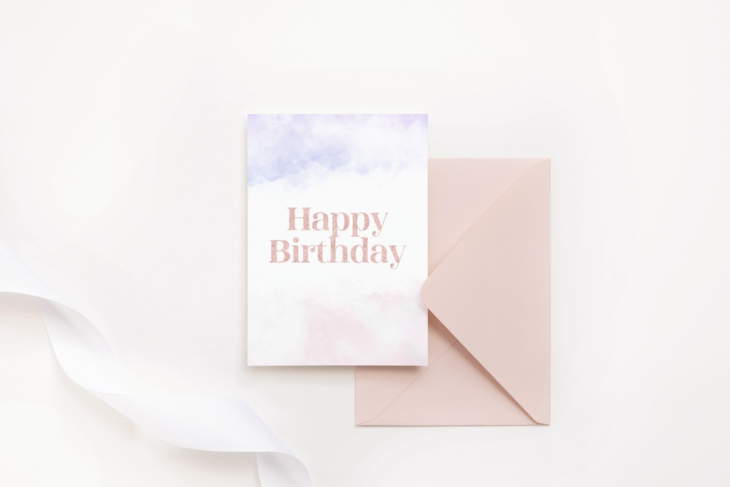 ふわふわ雲とキラキラグリッターのラインボーダー水彩背景素材