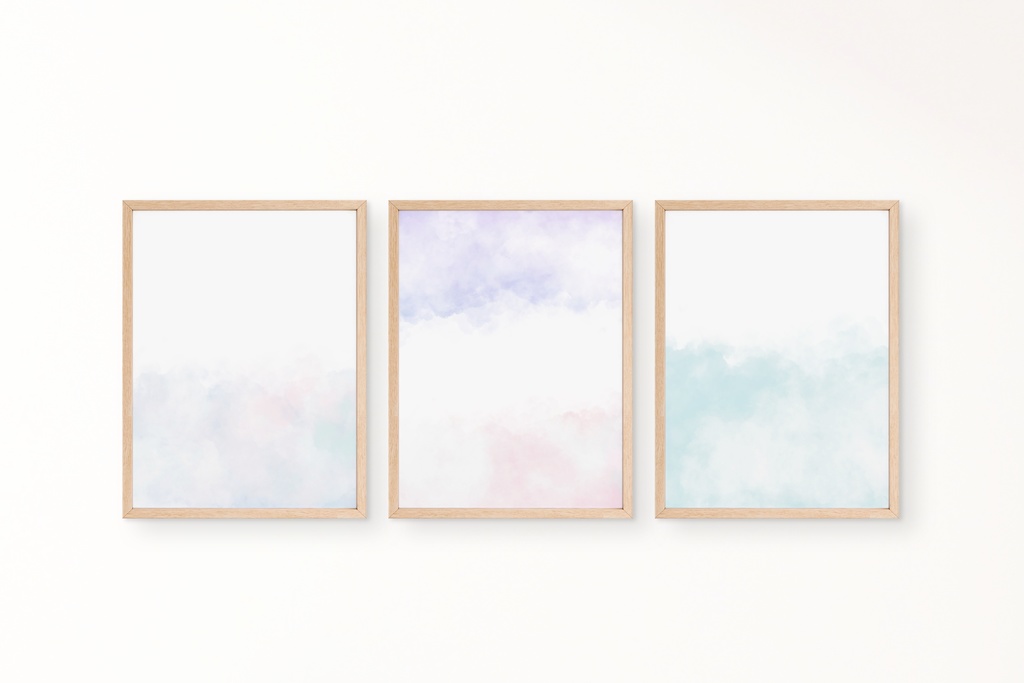 ふわふわ雲とキラキラグリッターのラインボーダー水彩背景素材