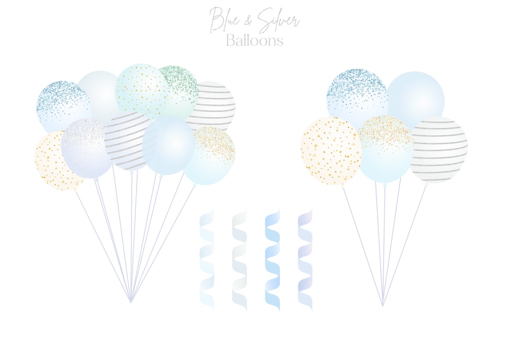 青とシルバーの風船イラスト素材|お祝いイラスト素材