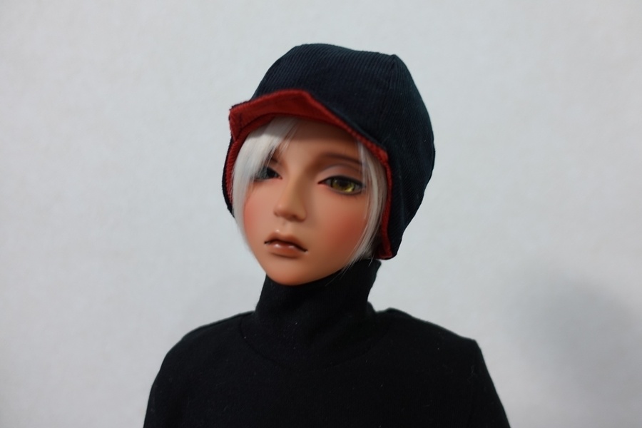 耳当て付き帽子（コーデュロイ レッド＆ブラック）