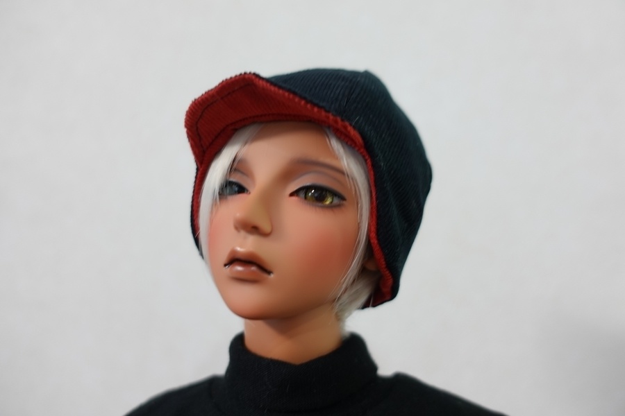 耳当て付き帽子（コーデュロイ レッド＆ブラック）
