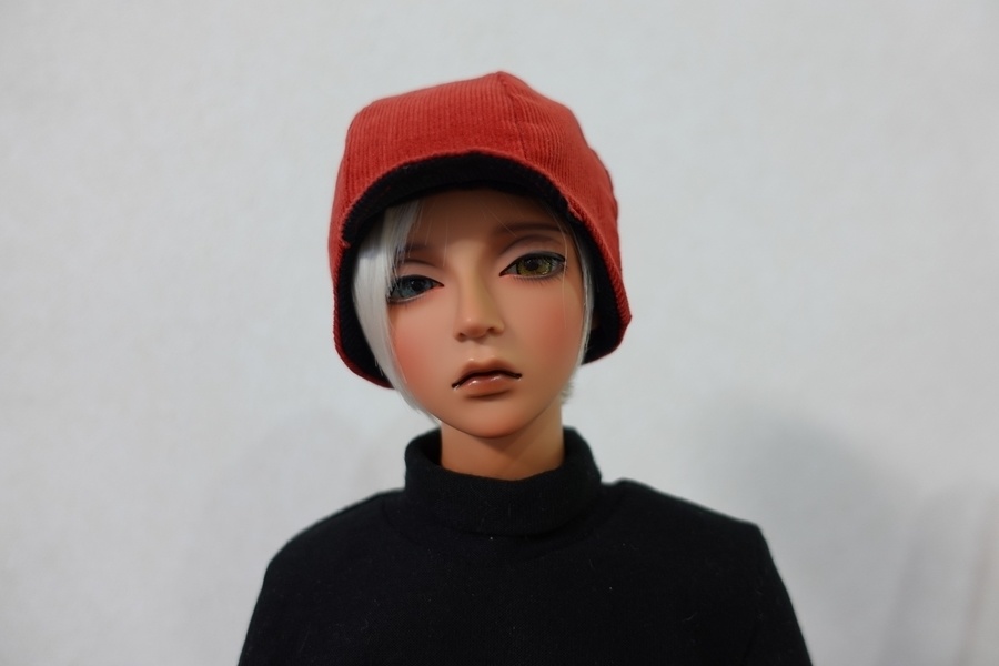 耳当て付き帽子（コーデュロイ レッド＆ブラック）