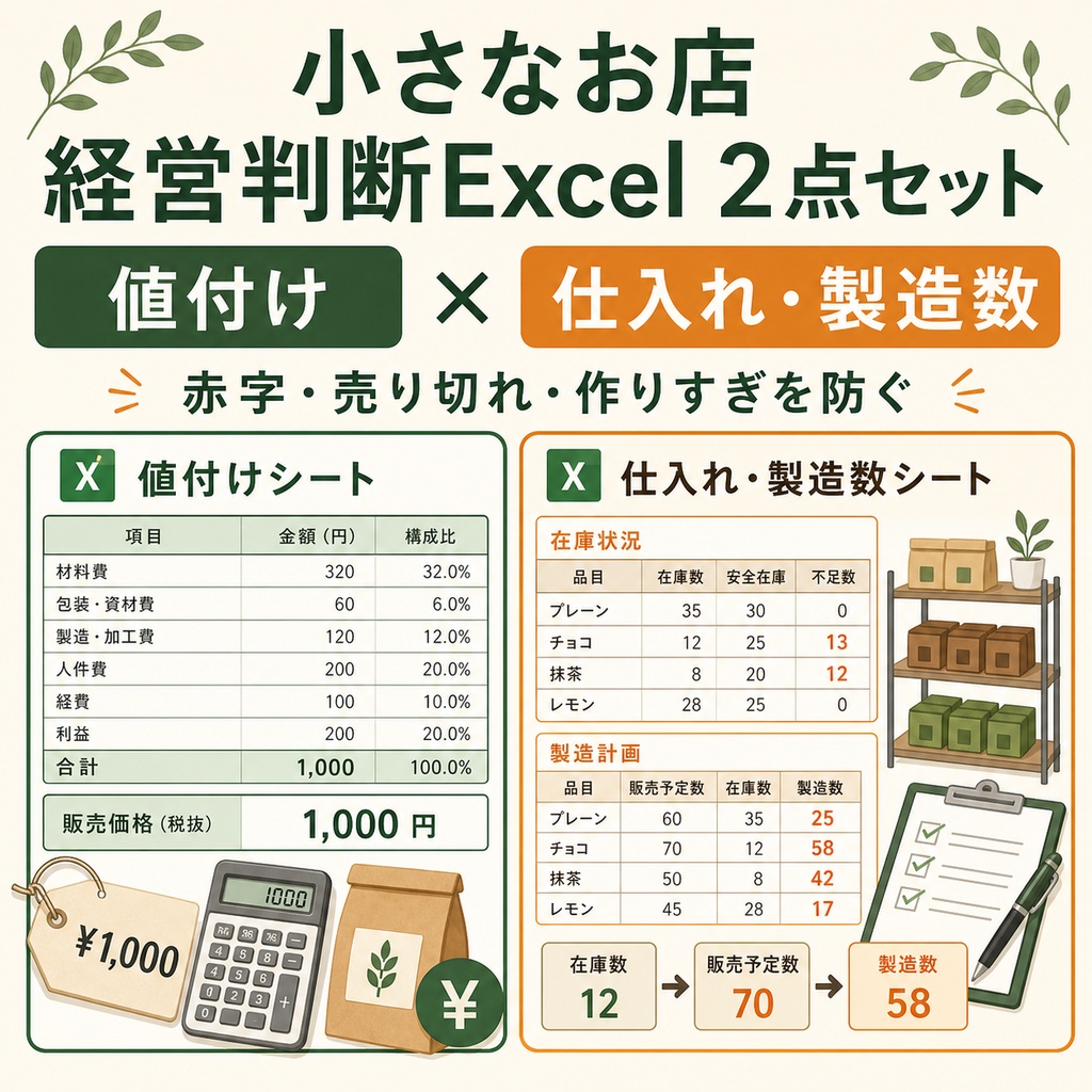 赤字・売り切れ・作りすぎを防ぐ|小さなお店の経営判断Excel 2点セット