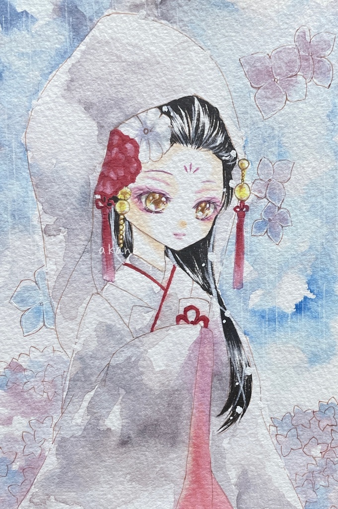 手描きイラスト 水彩原画 茶色髪の毛の女の子155 長