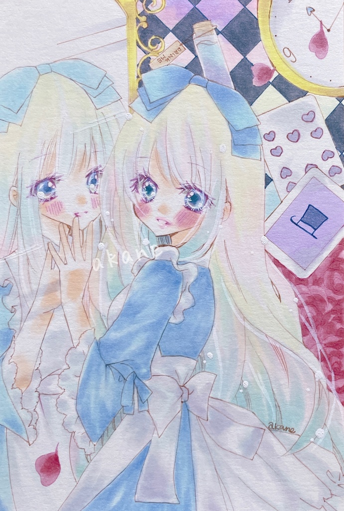 手描きイラスト 鏡の中のアリスとアリス