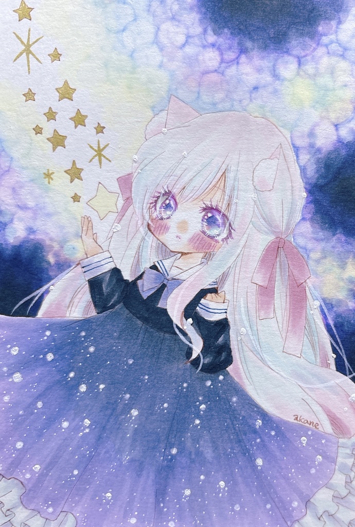 手描きイラスト 星空と猫