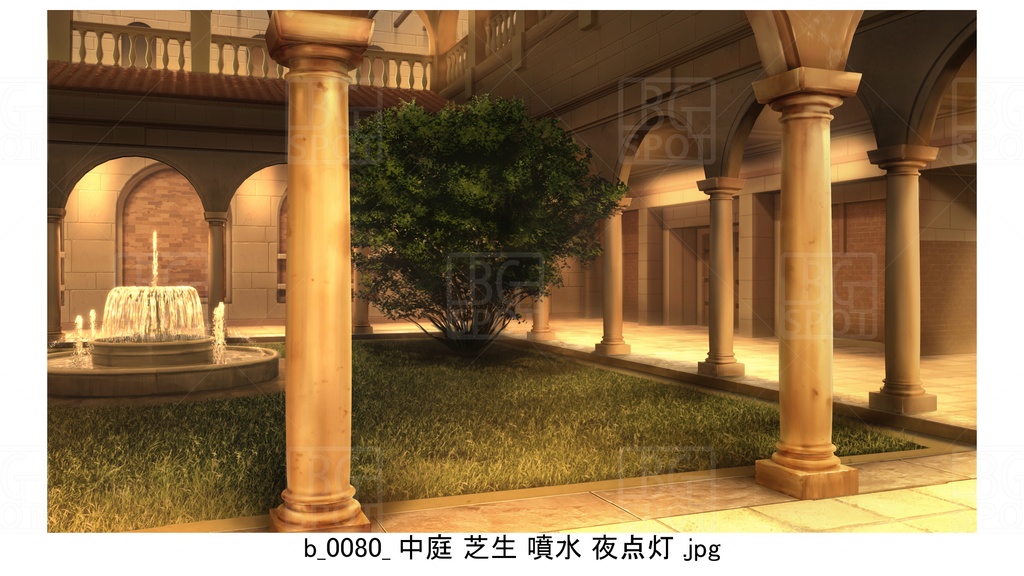 中庭 芝生 噴水【BG_ローマの浴場と中庭とお宝 ver2.0】