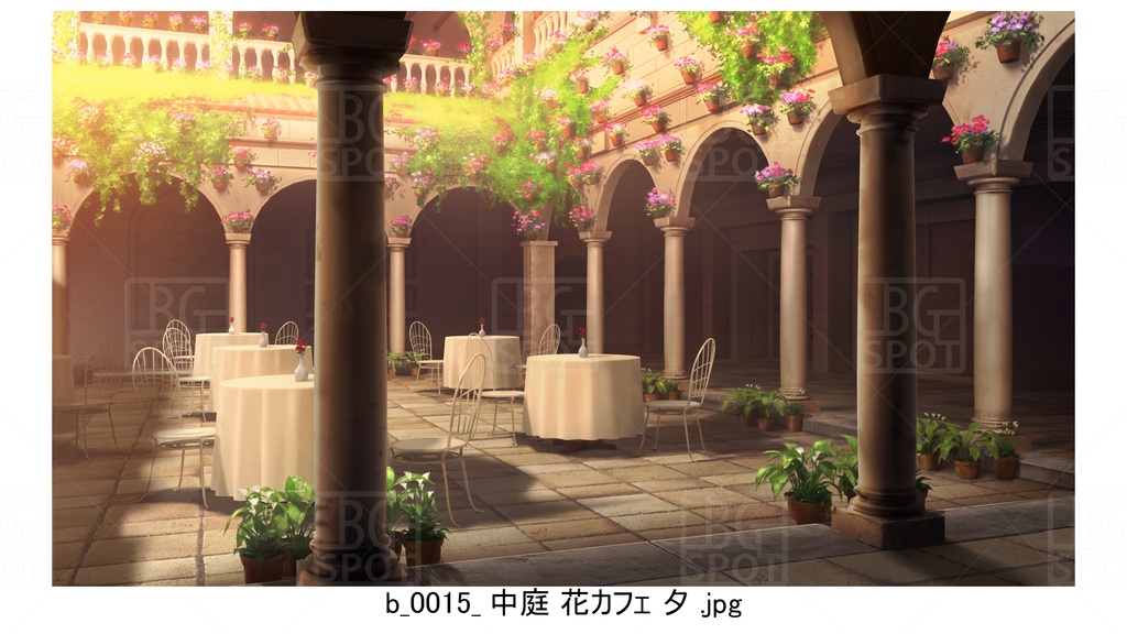 中庭 石畳 花カフェ【BG_ローマの浴場と中庭とお宝 ver2.0】