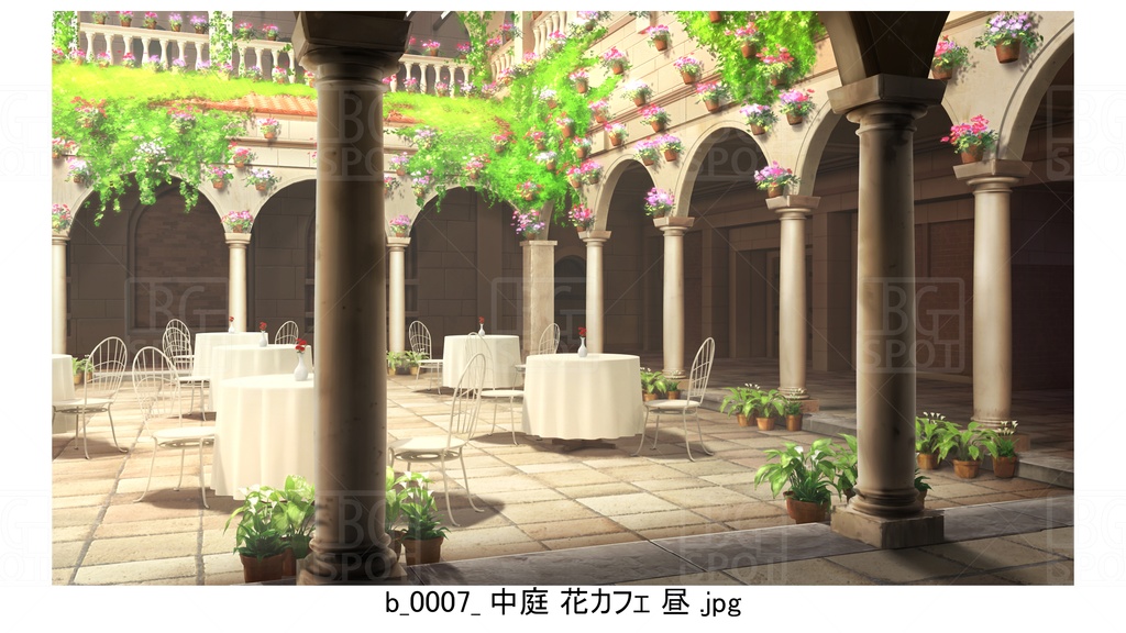 中庭 石畳 花カフェ【BG_ローマの浴場と中庭とお宝 ver2.0】