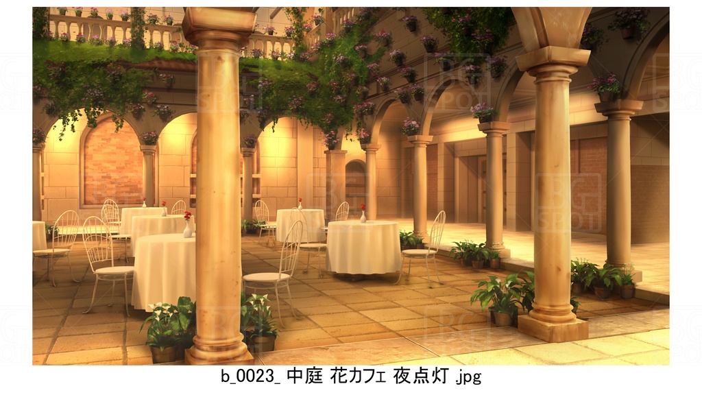 中庭 石畳 花カフェ【BG_ローマの浴場と中庭とお宝 ver2.0】