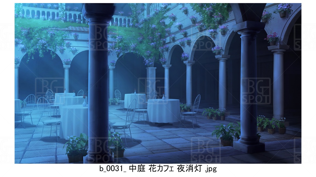 中庭 石畳 花カフェ【BG_ローマの浴場と中庭とお宝 ver2.0】
