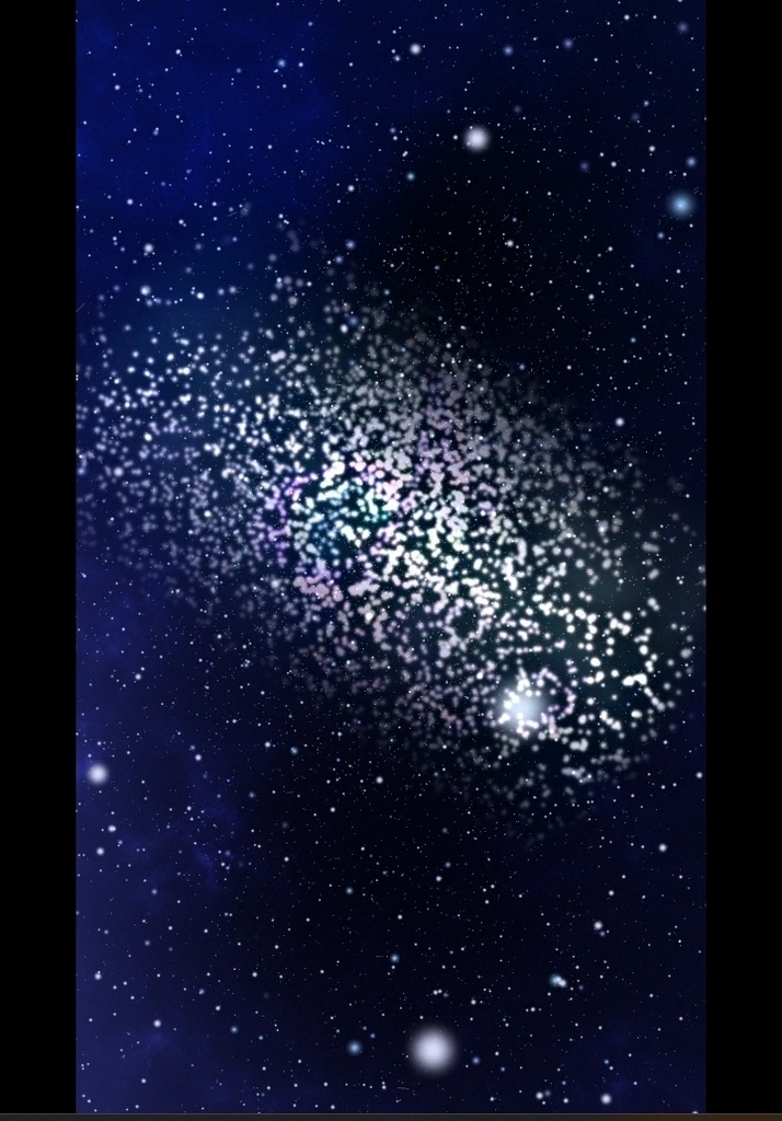 円形の星の集合体が浮遊する宇宙背景