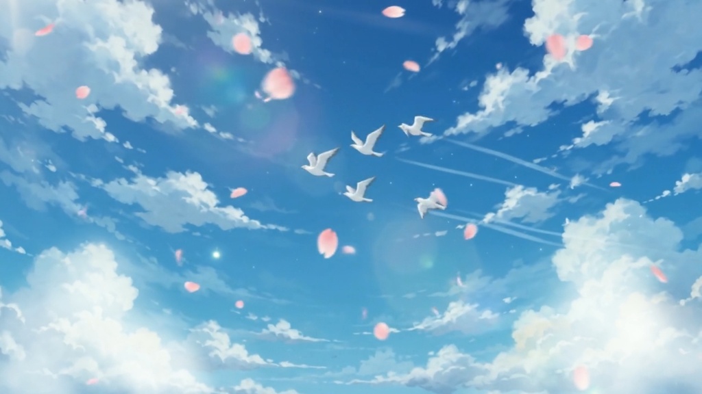 【アニメ風背景】青空と舞い散る桜と鳥の羽ばたき