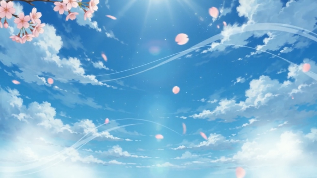 【アニメ風背景】青空と舞い散る桜と鳥の羽ばたき